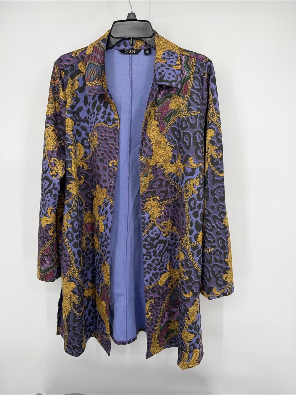 IMAN Purple Floral Cheetah Print Long Sleeve Open Front Blazer duster L